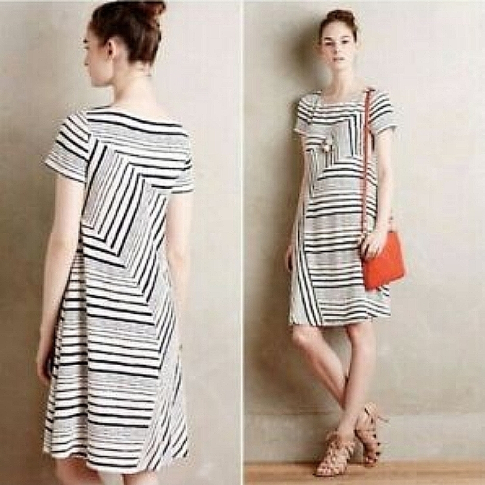 Maeve by Anthropologie Asymmetric Print Shoft Dress in Ivory and Black, XS